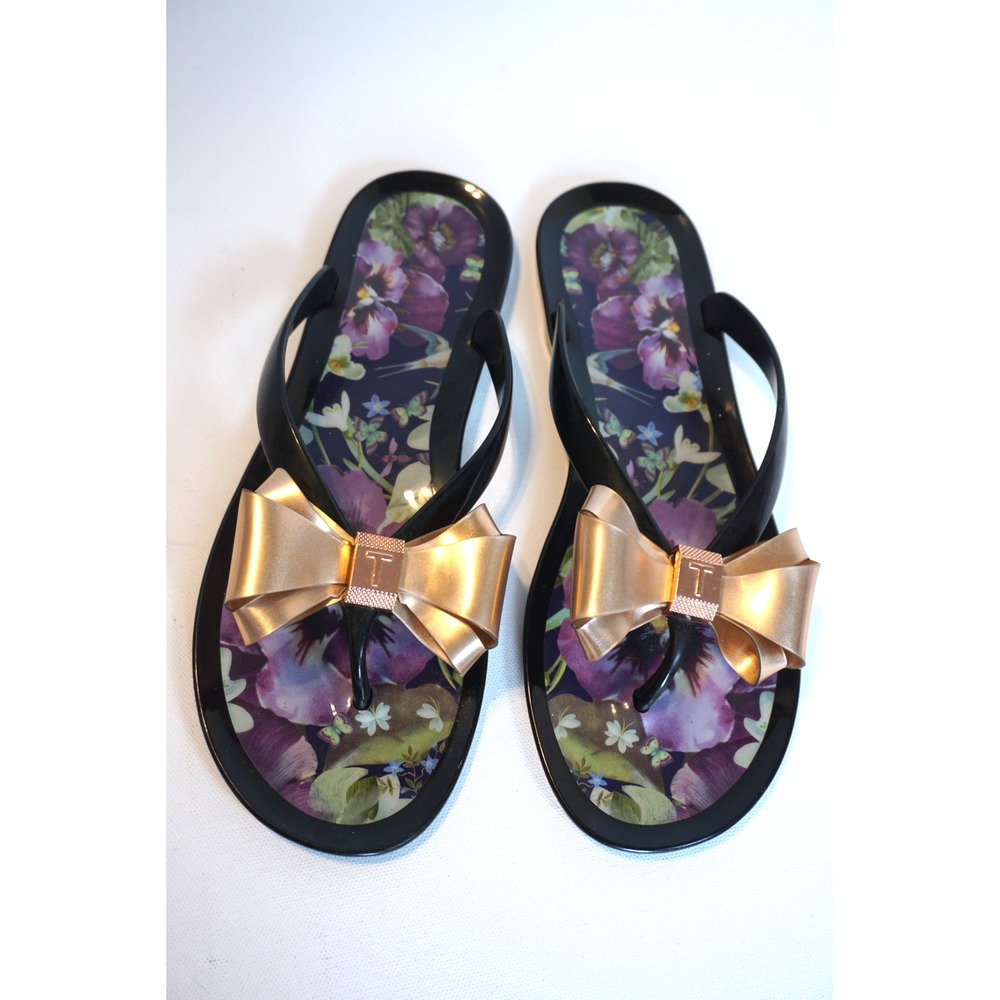 Ted Baker London Floral Jelly Flip Flops Rose Gold Bow Sandals Black 39